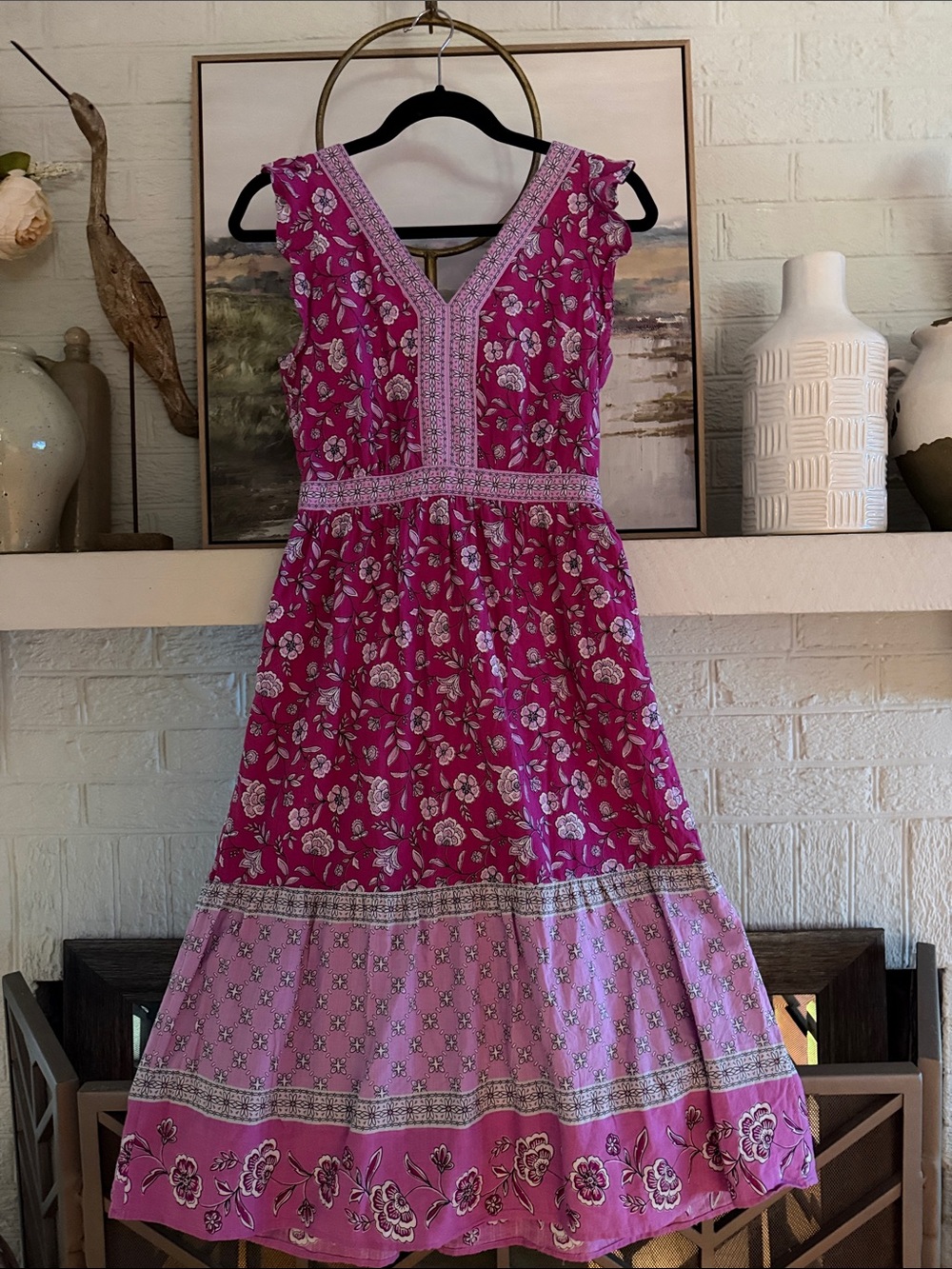 Festival BOHO Dress LOFT Pink Floral Midi Dress with Tiered Hem Ruffled Sleeve